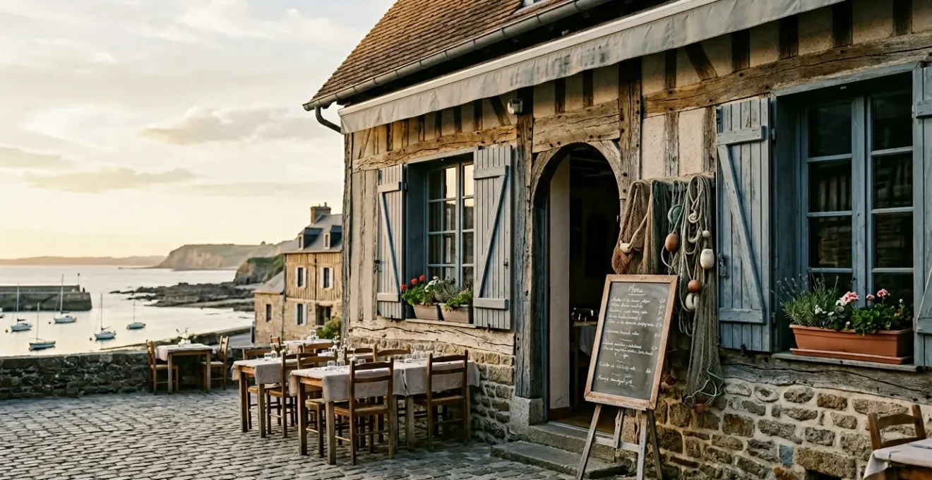Façade authentique d'un restaurant normand traditionnel en bord de mer avec ardoise artisanale