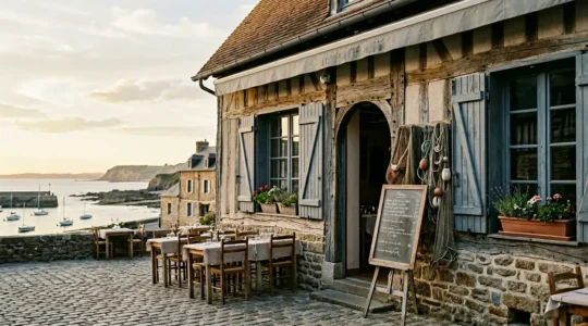 Façade authentique d'un restaurant normand traditionnel en bord de mer avec ardoise artisanale