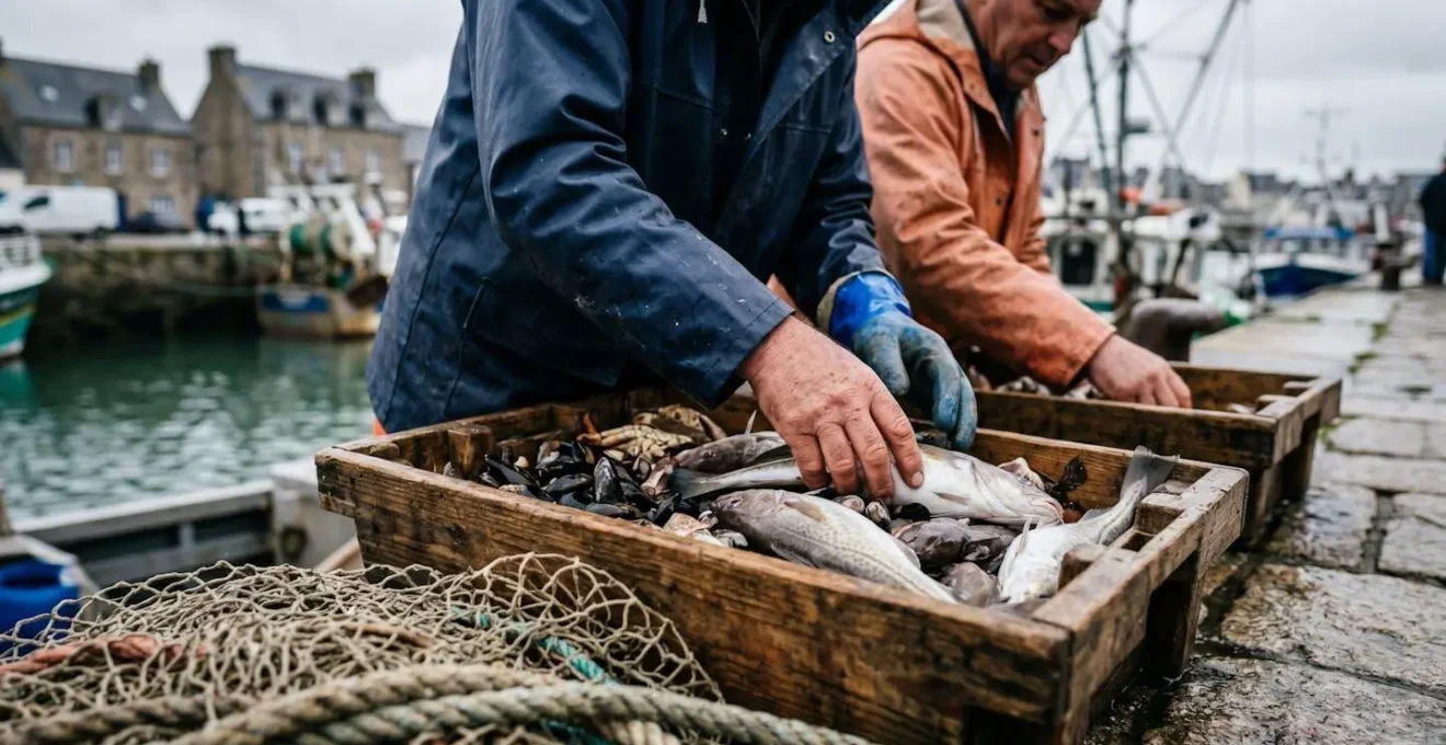 Scène authentique de débarquement de la pêche quotidienne sur un quai de port normand