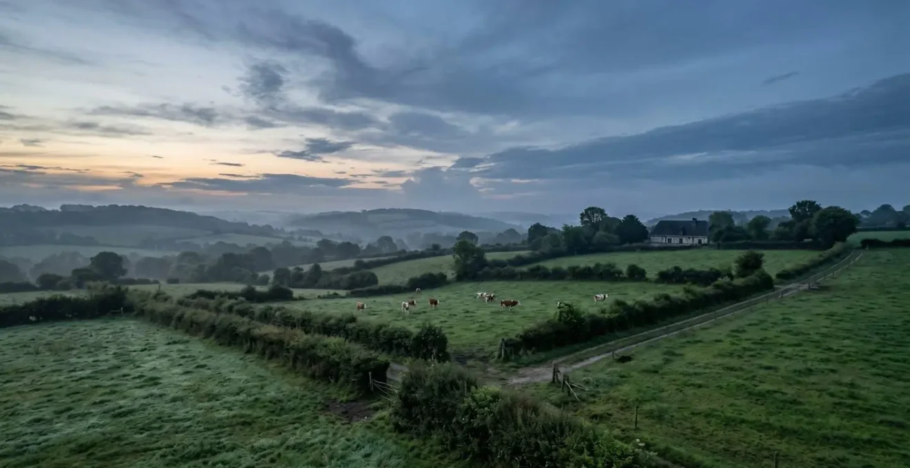 Paysage du bocage normand avec prairies verdoyantes et vaches au pâturage sous un ciel changeant