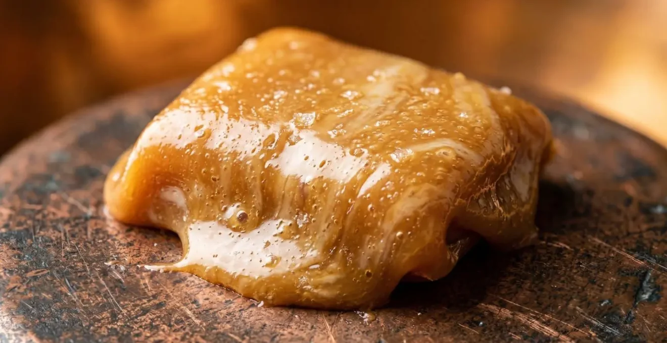 Détail de la texture fondante d'un caramel artisanal normand fraîchement préparé