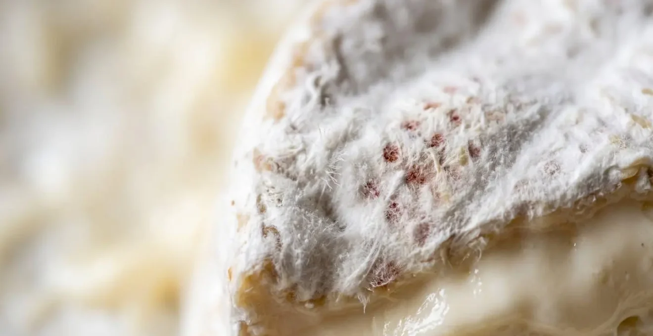 Gros plan macro sur la texture de la croûte fleurie d'un Camembert de Normandie révélant les détails du duvet blanc
