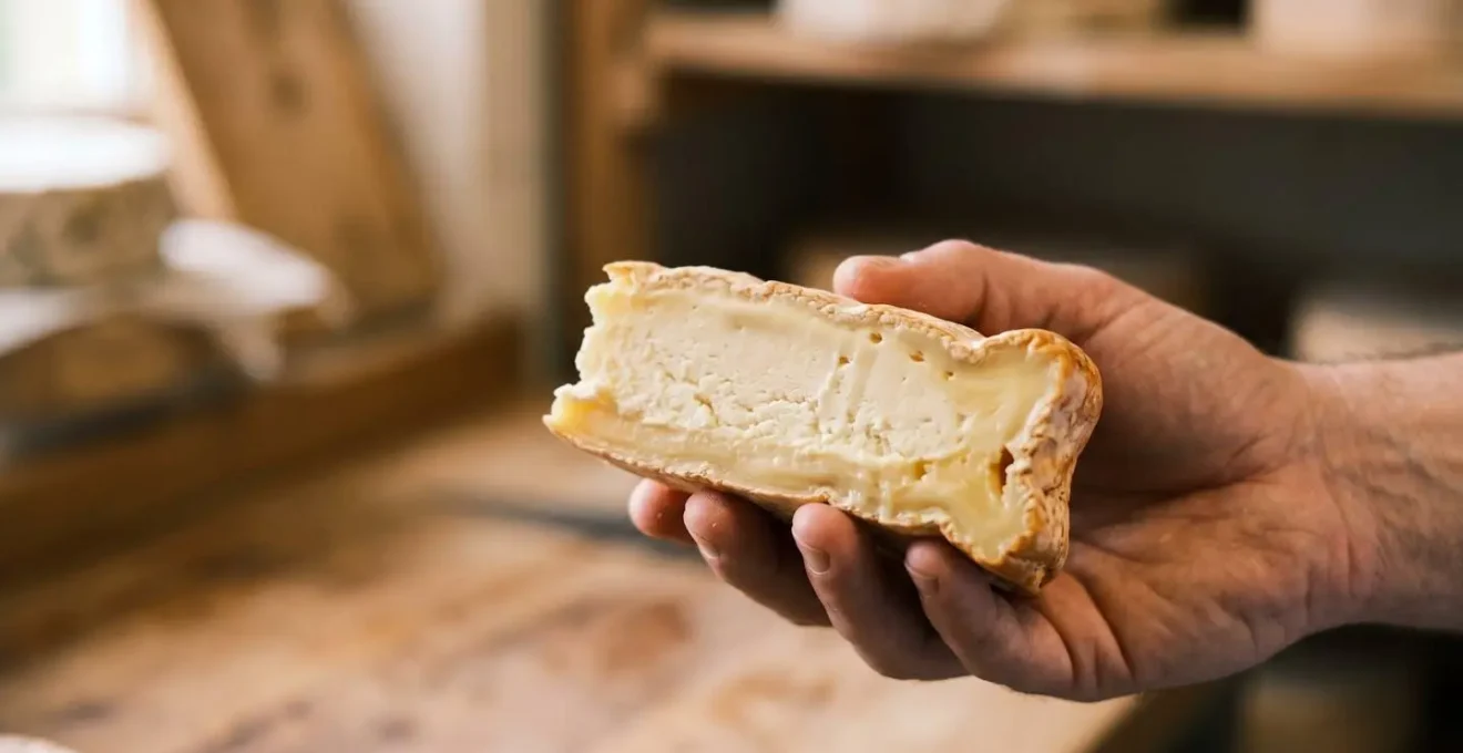 Coupe transversale d'un fromage à pâte molle montrant la texture crémeuse et les nuances de la pâte affinée