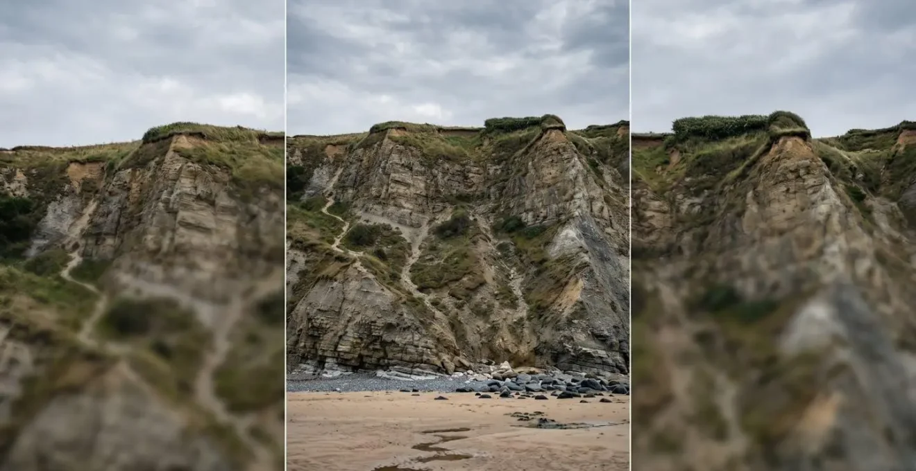 Vue des falaises dominant Omaha Beach montrant la topographie stratégique du site du débarquement