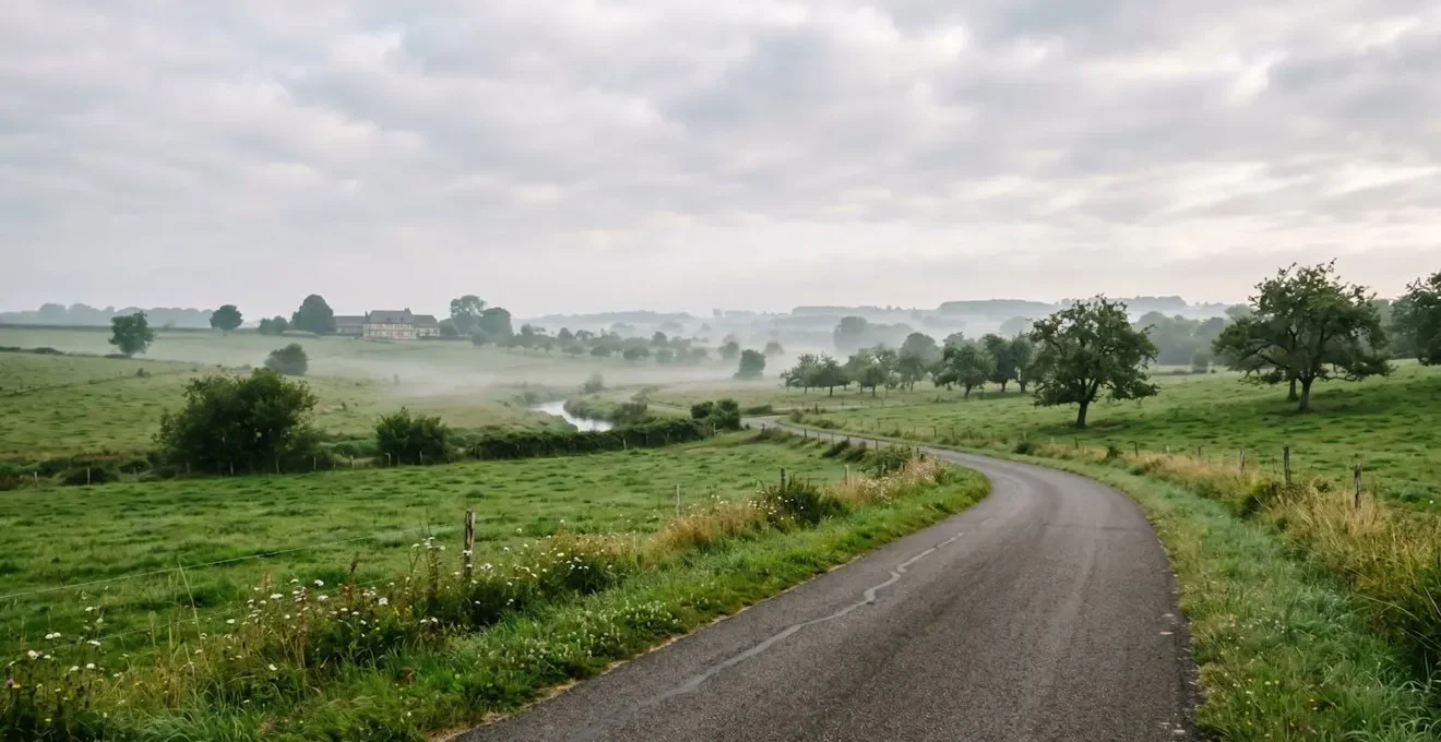 Piste cyclable traversant la campagne normande avec végétation luxuriante