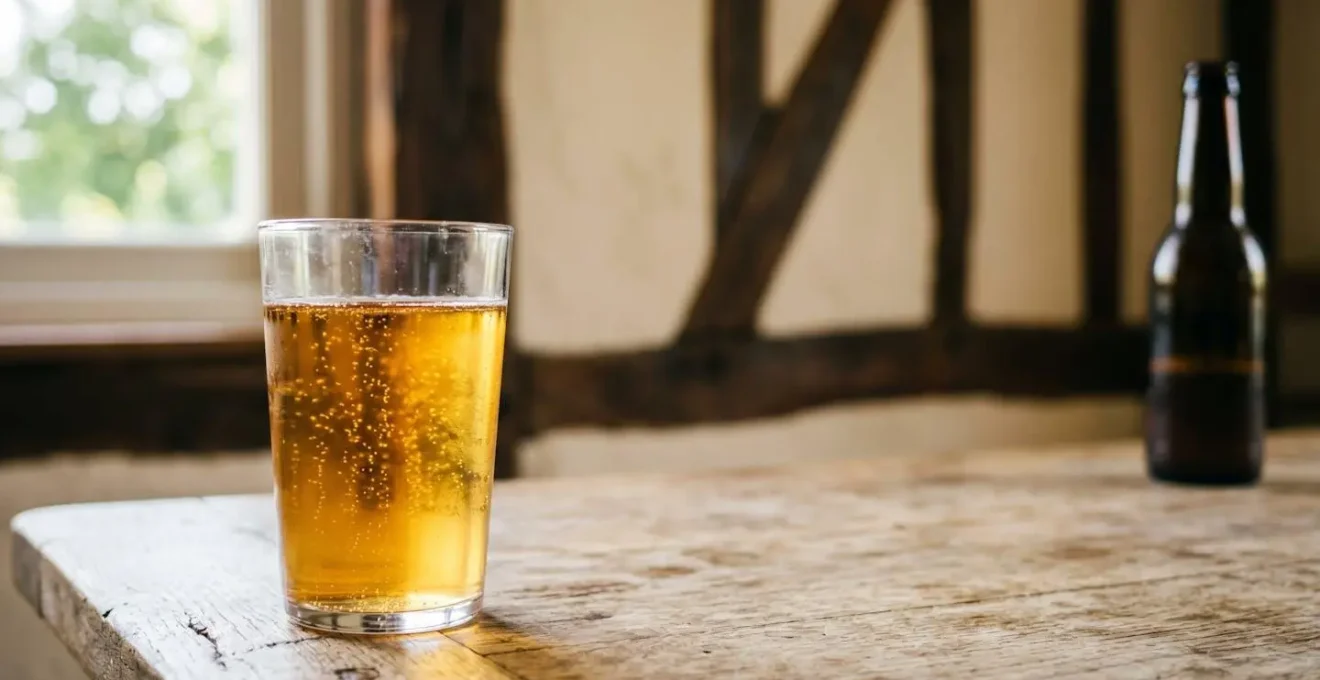 Verre de cidre artisanal normand avec sa bouteille dans une ambiance lumineuse naturelle et épurée