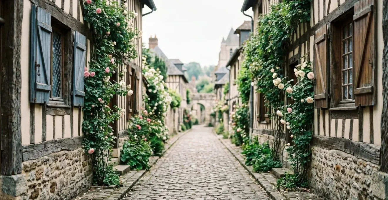 Ruelle fleurie dans un village normand avec maisons à colombages traditionnelles et atmosphère intimiste