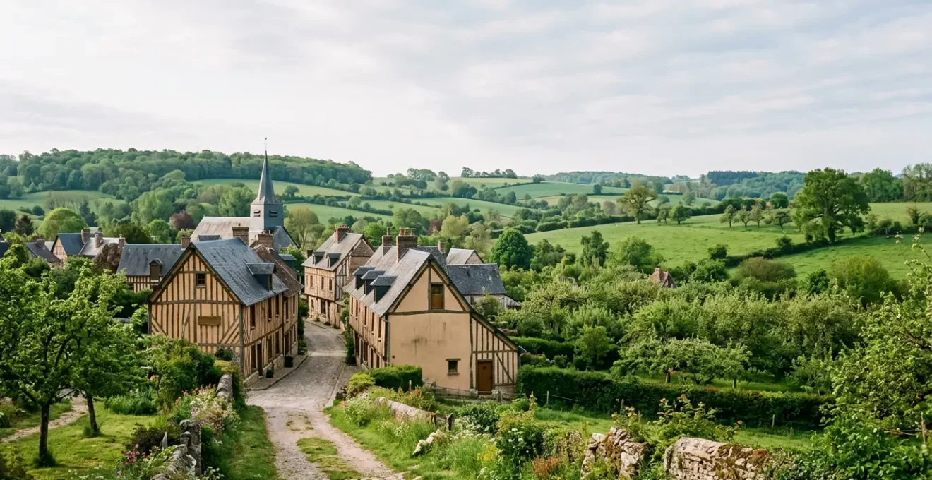 Village pittoresque du Pays d'Auge avec ses maisons à colombages colorées entourées de bocage normand