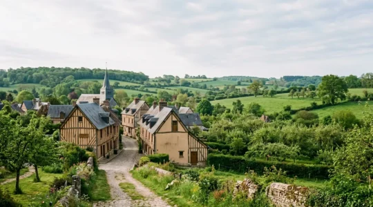Village pittoresque du Pays d'Auge avec ses maisons à colombages colorées entourées de bocage normand
