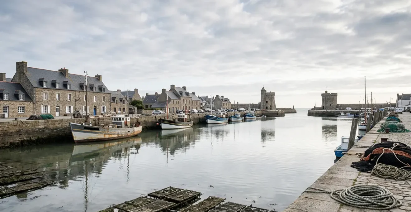 Port de pêche normand avec bateaux traditionnels et tours Vauban au bord de la mer