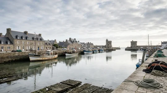 Port de pêche normand avec bateaux traditionnels et tours Vauban au bord de la mer